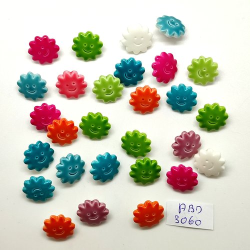 28 boutons fantaisie en résine multicolore (soleils) - 14mm - abd3060