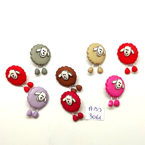 7 boutons fantaisie en résine multicolore (mouton) - 18x25mm - abd3061