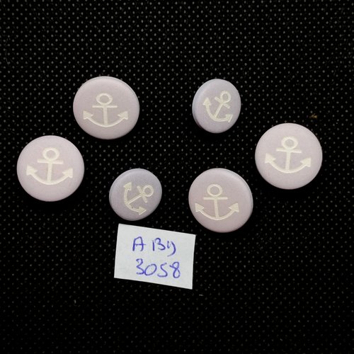 6 boutons fantaisie en résine lilas et blanc - une ancre - 15mm et 12mm - abd3058
