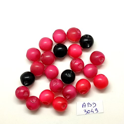 25 boutons boule en résine fuchsia / rose et noir - 12mm - abd3049