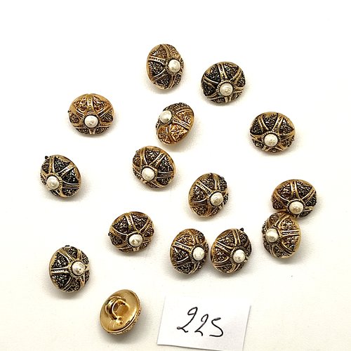 15 boutons en résine doré et perle blanc - 10mm - 225