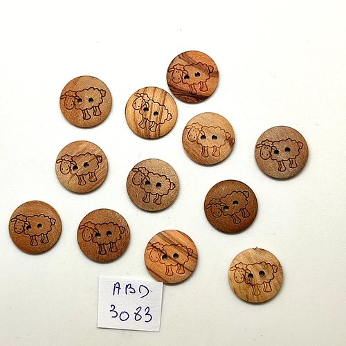 12 boutons fantaisie en bois marron (mouton) - 15mm - abd3083