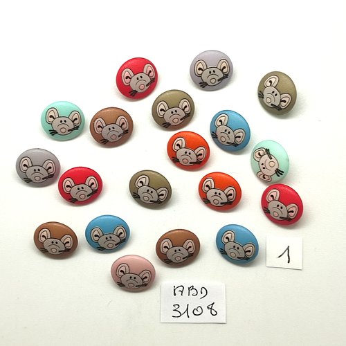 19 boutons fantaisie en résine multicolore (des souris) - 15mm - abd3108