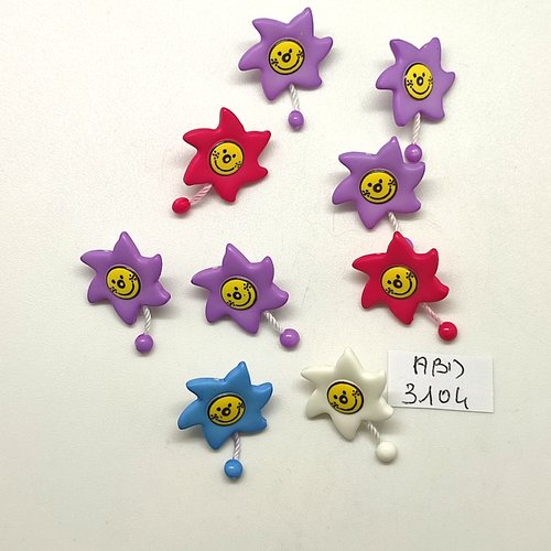 9 boutons fantaisie en résine multicolore en forme de soleil - smiley - 16mm - abd3104