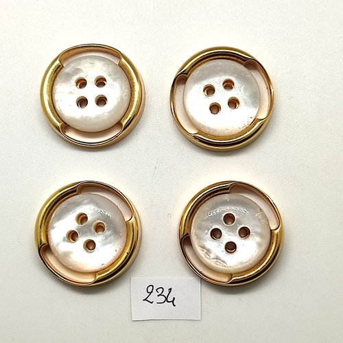 4 boutons en résine doré et nacre blanc - 27mm - 234
