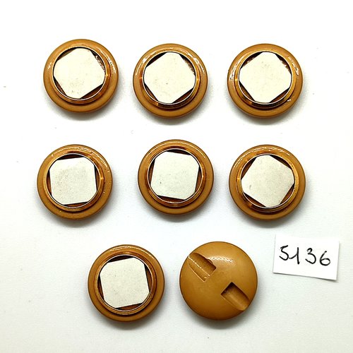 8 boutons en résine beige foncé et blanc et métal dpré - 20mm - tr5136
