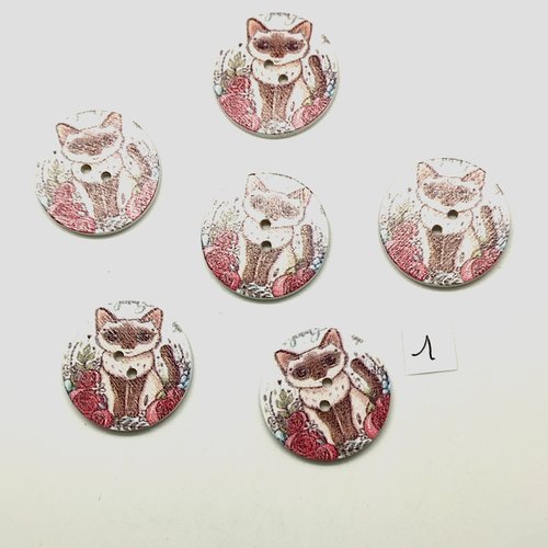 6 boutons fantaisie en bois multicolore (des chats) - 25mm - bri1