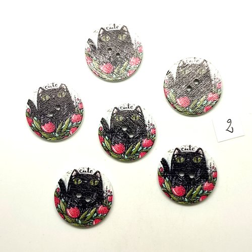 6 boutons fantaisie en bois noir et des fleurs rose (des chats) - 25mm - bri2