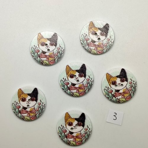 6 boutons fantaisie en bois multicolore (des chats) - 25mm - bri3