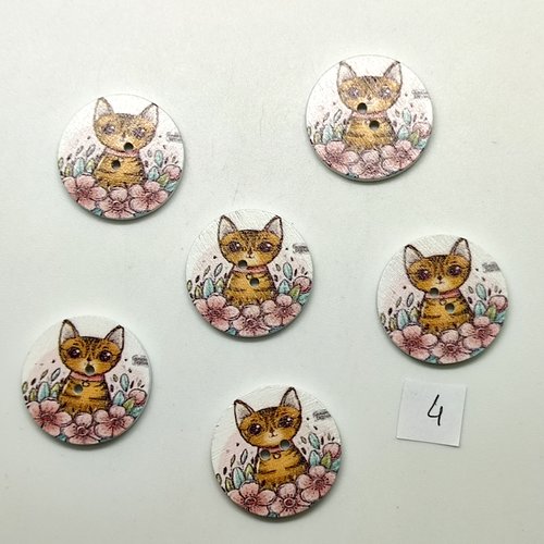 6 boutons fantaisie en bois multicolore (des chats) - 25mm - bri4
