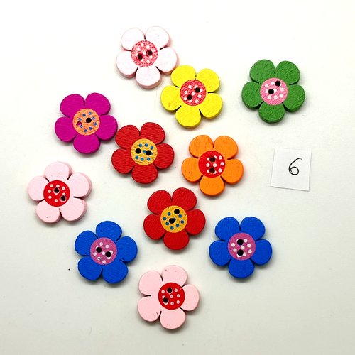 11 boutons fantaisie en bois des fleurs multicolore- 19mm - bri6