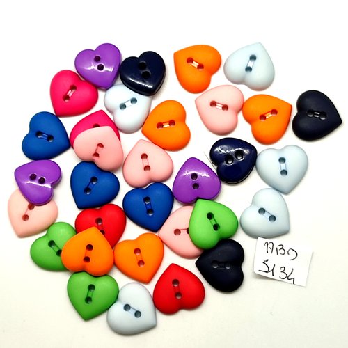 32 boutons fantaisie en résine multicolore (des coeurs) - 15mm - abd3134