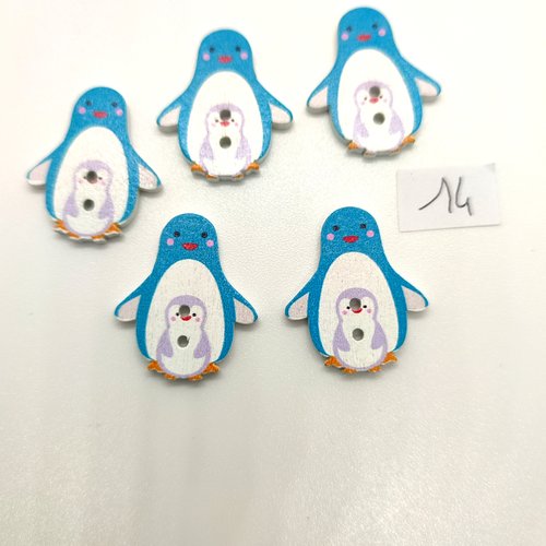5 boutons fantaisie en bois bleu blanc et lilas (pingouin) - 24x33mm - bri14