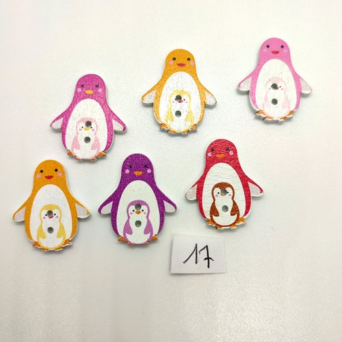 6 boutons fantaisie en bois multicolore (pingouin) - 24x33mm - bri17