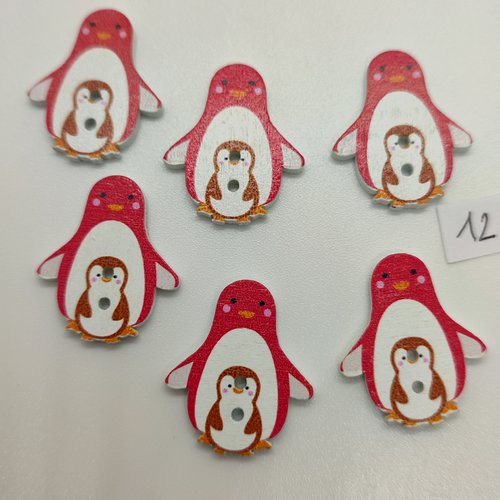 6 boutons fantaisie en bois rouge blanc et marron (pingouin) - 24x33mm - bri12