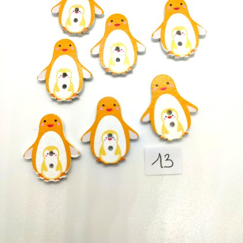 7 boutons fantaisie en bois jaune et blanc  (pingouin) - 24x33mm - bri13