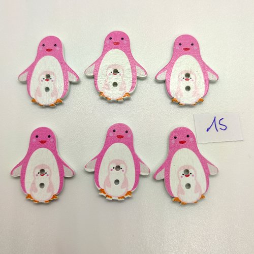 7 boutons fantaisie en bois rose et blanc  (pingouin) - 24x33mm - bri15