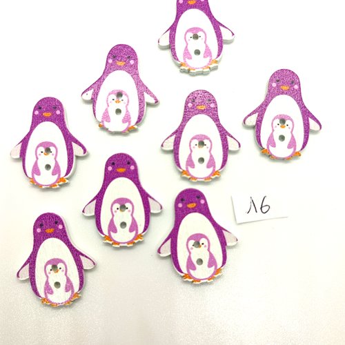8 boutons fantaisie en bois violet blanc et lilas  (pingouin) - 24x33mm - bri16
