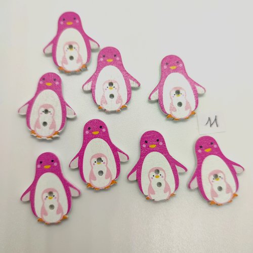 8 boutons fantaisie en bois fuchsia blanc et rose (pingouin) - 24x33mm - bri12