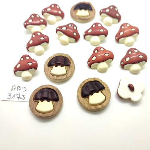 15 boutons fantaisie en résine écru et marron (champigon) - 20mm et 17x18mm - abd3173