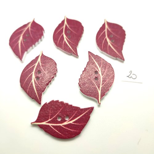 6 boutons fantaisie en bois bordeaux et écru (des feuilles) - 20x33mm - bri20