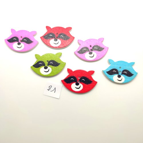 6 boutons fantaisie en bois multicolore (des renards) - 19x29mm - bri21