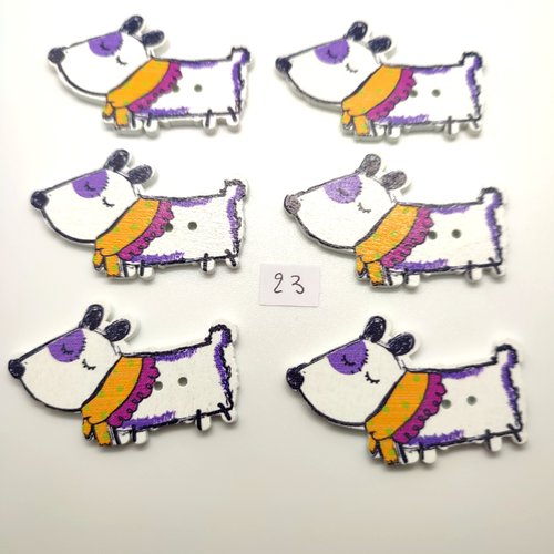 6 boutons fantaisie en bois blanc et multicolore (des chiens) - 30x59mm - bri23