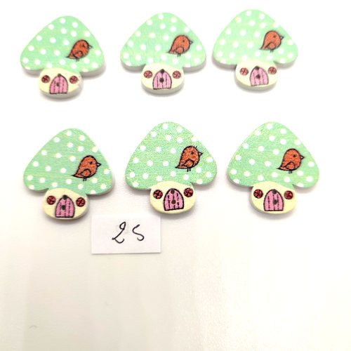 6 boutons fantaisie en bois champignons vert - 23mm - bri25