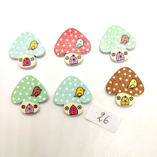 6 boutons fantaisie en bois champignons multicolore - 23mm - bri26