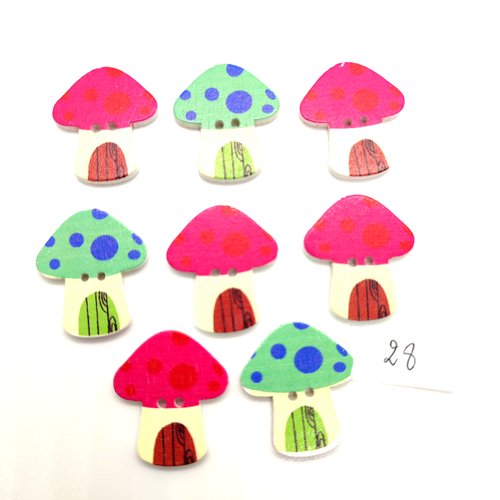 8 boutons fantaisie en bois champignons multicolore - 22x25mm - bri28