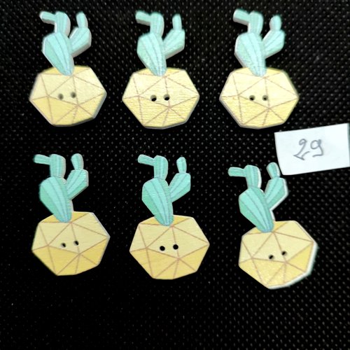 6 boutons fantaisie en bois cactus jaune et bleu - 18x29mm - bri29