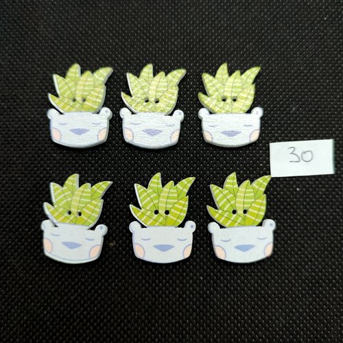 6 boutons fantaisie en bois cactus blanc et vert - 20x26mm - bri30