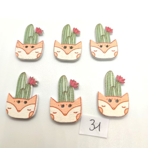 6 boutons fantaisie en bois cactus vert et marron - 15x40mm - bri32