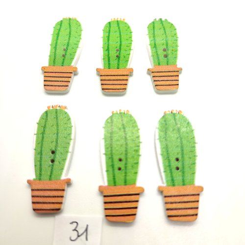 6 boutons fantaisie en bois cactus vert et marron - 15x40mm - bri31