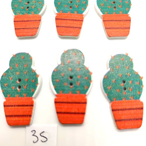 6 boutons fantaisie en bois cactus vert et orange - 20x34mm - bri35