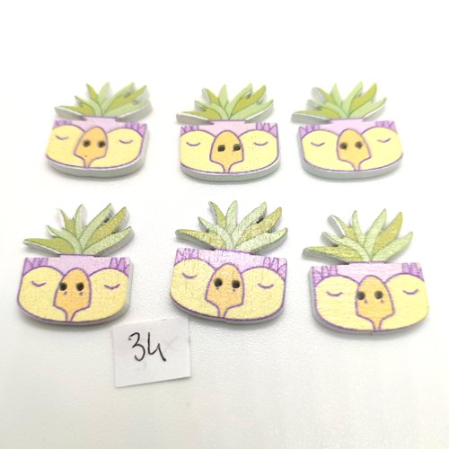 6 boutons fantaisie en bois cactus multicolore - 21x23mm - bri34
