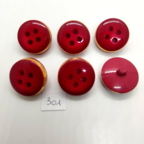 6 boutons en résine rouge et doré - 26mm - 301