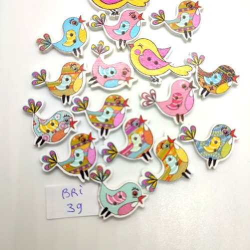16 boutons fantaisie en bois multicolore (des oiseaux) - taille diverse- bri39