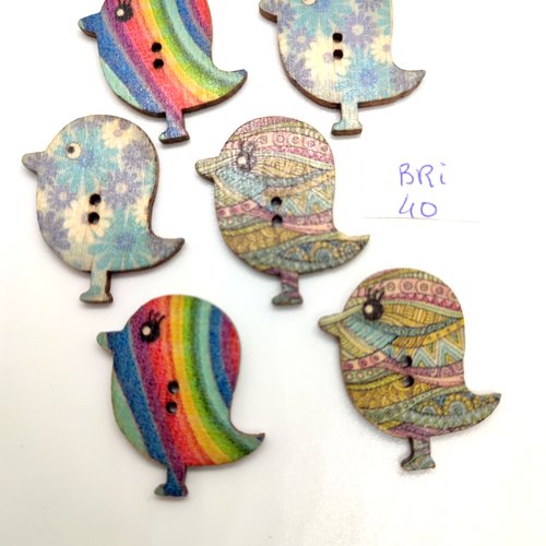 6 boutons fantaisie en bois multicolore (des gros oiseaux) - 21x30mm - bri40