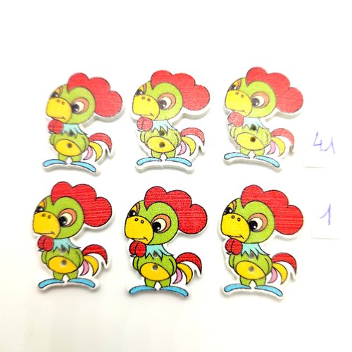 6 boutons fantaisie en bois multicolore (un coq)- 25x30mm - bri41