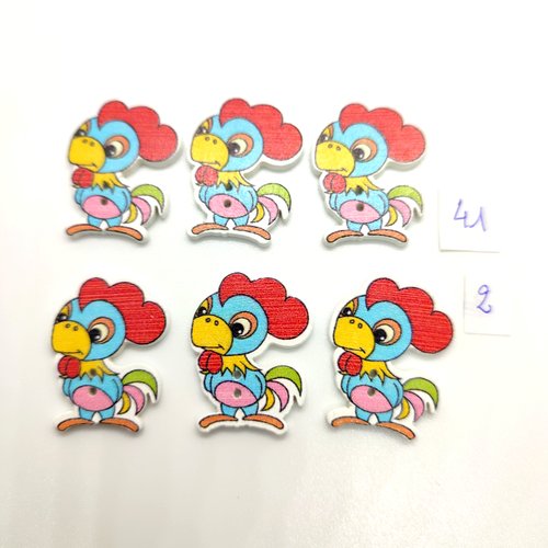 6 boutons fantaisie en bois multicolore (un coq)- 25x30mm - bri41