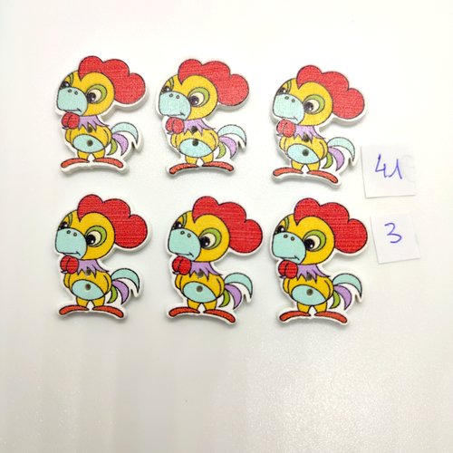 6 boutons fantaisie en bois multicolore (un coq)- 25x30mm - bri41