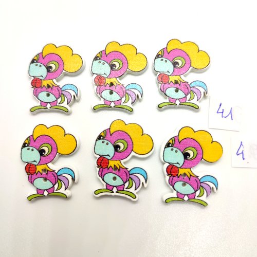 6 boutons fantaisie en bois multicolore (un coq)- 25x30mm - bri41