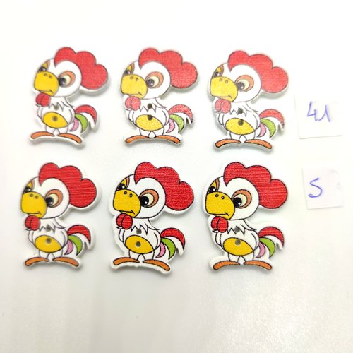 6 boutons fantaisie en bois multicolore (un coq)- 25x30mm - bri41