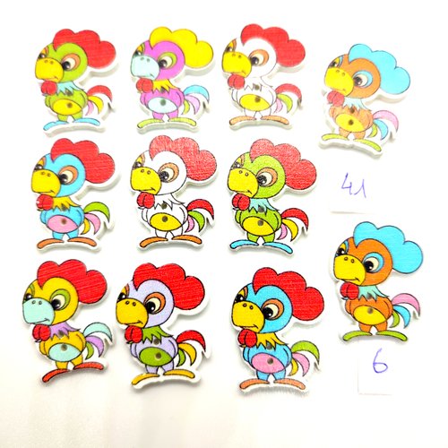 11 boutons fantaisie en bois multicolore (un coq)- 25x30mm - bri41