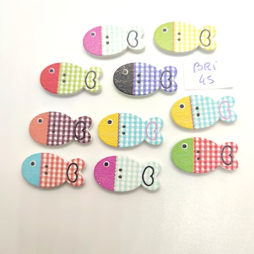 10 boutons fantaisie en bois multicolore (des poissons) - 13x25mm - bri45