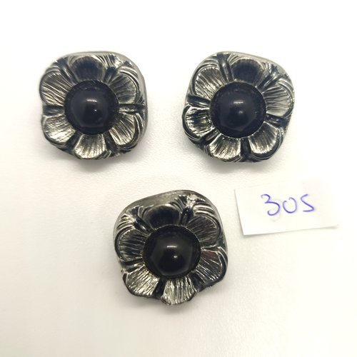 3 boutons en résine gris et noir - fleur - 20mm - 305