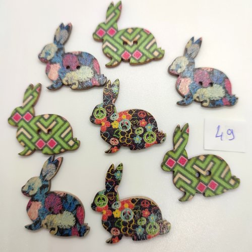 8 boutons fantaisie des lapins en bois multicolore - 30x30mm - bri49