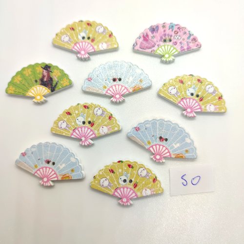 9 boutons fantaisie un éventail en bois multicolore - 18x30 mm - bri50
