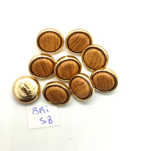 9 boutons en résine doré et bois marron - 13mm - bri58
